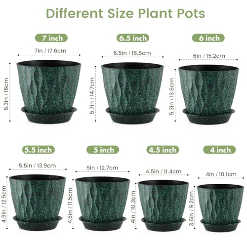 7/6.5/6/5.5/5/4.5/4 inch Plant Pots for Indoor Outdoor Plants, 7 Pack Thick Flower Pots with Drainage Holes and Saucers, Wave Texture Plastic Planters Nursery Pots, Black with Green Speckles (Black With Green Speckles / 7+6.5+6+5.5+5+4.5+4 inch 7 pieces)