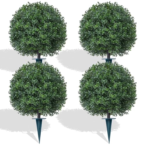 Artificial 4 Pack Boxwood Topiary Plant with Ground Spike for Outdoor (Boxwood Ball 4pcs)