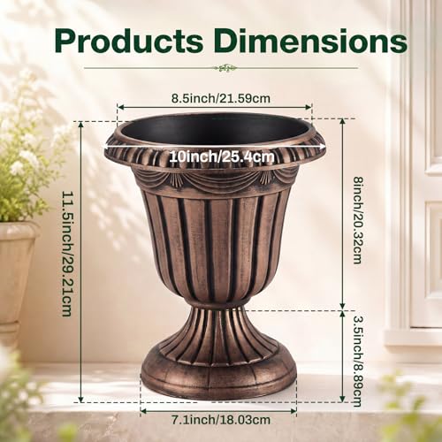 4 Pcs 10 x 12 Inches Brushed Copper Plastic Urn Planter Classic Flower Pots Front Porch Planters Indoor Outdoor Planters with Pedestal for Wedding Party Bridal Shower Garden Patio Porch (10 x 12 Inches / Brushed Copper)