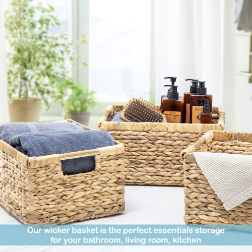 Large Rectangular Wicker Basket with Wooden Handles for Shelves and Storage (Water Hyacinth / Large (14.5"L x 10.3"W x 7.5"H))