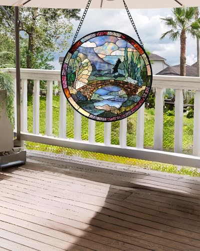 Stained Glass Window Hanging Arch Bridge Suncatcher Gifts for Women 7.8" (Blue Brown / 7.8x7.8 IN)