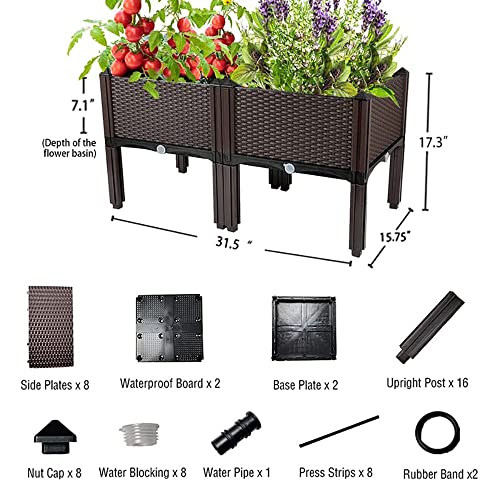 Plastic Elevated Planters for Raised Garden Bed with Legs for Outdoor Plants Box Kits with Drainage Holes for Patio Deck Balcony to Planting Flowers (31.5"(l)x16"(w)x17.3"(h)/Brown)