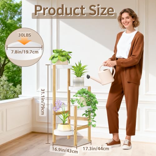 Plant Stand Table Tall for Indoor Corner (Simple White-Bamboo / 4 Tier)