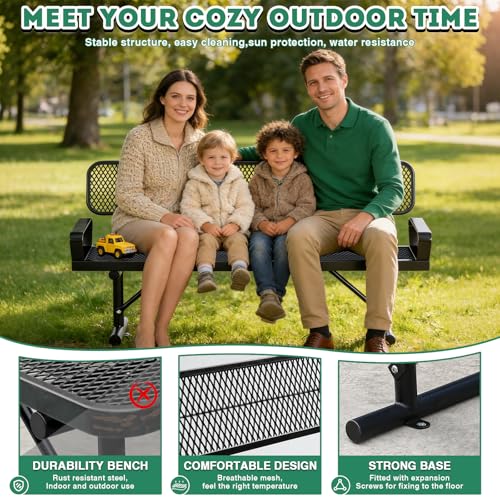 6Ft Outdoor Bench with Armrests & Back Portable Frame (Black With Armrests / 6FT)