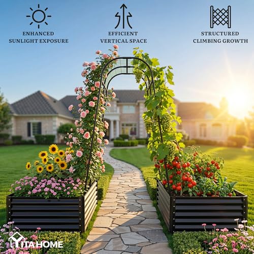 2pcs 6x3x1.5ft Galvanized Raised Garden Bed with Tall Arch Trellis (Black / 6x3x1.5ft 2pcs W/ Trellis)