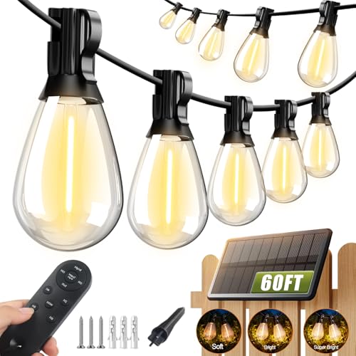 60FT Solar String Lights Outdoor with Remote and 16+2 LED Shatterproof Bulbs Dimmable & Timing 3 Light Modes Solar Patio String Lights for Cafe (60FT-Solar)