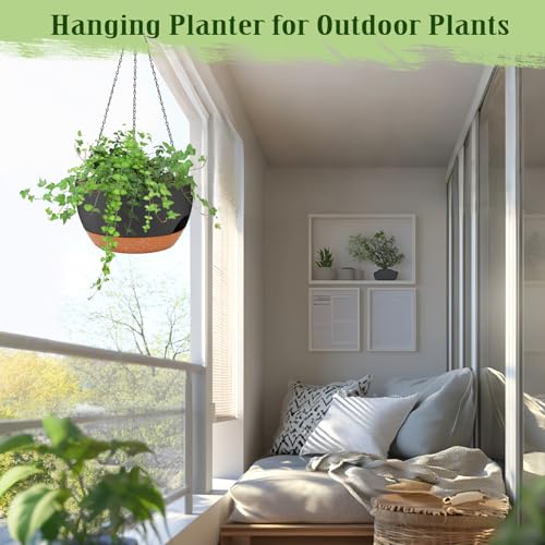 12 Inch Hanging Basket Planter with Chain & Rope for Indoor Outdoor Plants (2 Type Plant Hangers Black / 12 Inch)