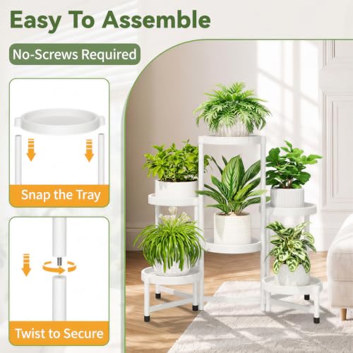 Plant Stand Indoor Outdoor with Large 10 Inch Plastic Tray (Matte White with Large Tray / 6 Tier)
