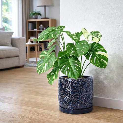 Embossed Leaves Ceramic Planter (10 Inch / Midnight Blue)