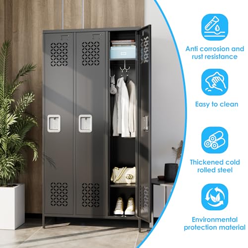 Upgrade Metal Lockers for School Office Gym Bedroom (Black-hw / 3 Doors)