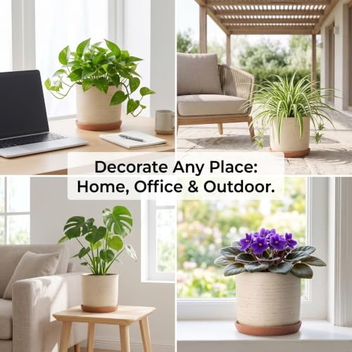 8 Inch Ceramic Plant Pot with Drainage Hole & Separate Saucer (Brush Color / 8 inch)