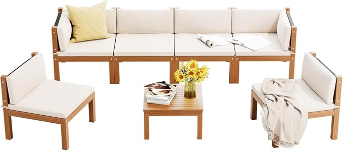 Greesum 7 Pieces Small Patio Sofa, Acacia Wood Frame, Padded Patio Conversation and Chairs Set for Garden, Backyard, Poolside, Beige
