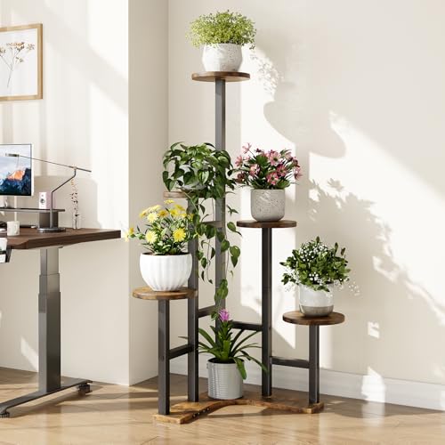 Corner Plant Stand Indoor with Grow Lights 6 Tiered Corner Plant Shelf (Rustic Brown(with Lights) / 6 Tier-Round)