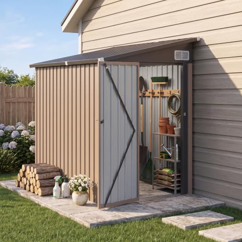 6x4 FT Lean to Outdoor Storage Shed with Sloping Roof (Brown / 4'x6')