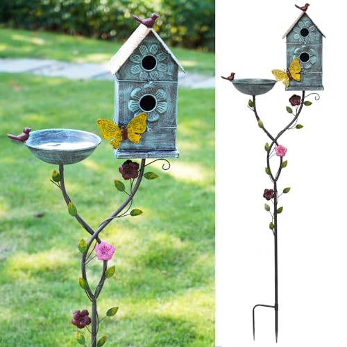 57" H Metal Bird Bath Bowl and Bird House 2 (Blue)