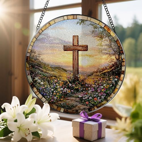 8 Inches Cross Sunset Stained Glass Suncatcher (Cross-a)