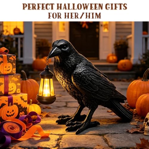 Halloween Crow Solar Garden Statue Outdoor Figurine Halloween Decoration (Black - Crow With Lantern)