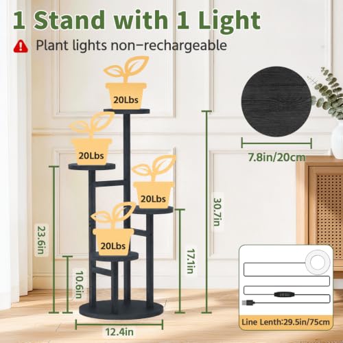 Wood Small Plant Stand Table Indoor Tall with Lights (Matte Black with Light / 4 Tier)
