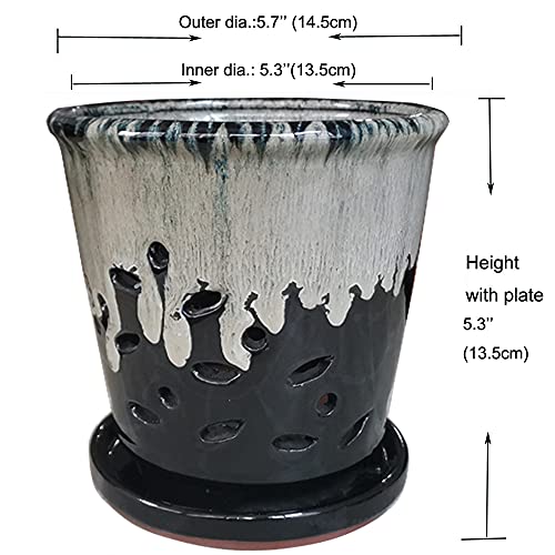 Ceramic Round Orchid Pots with Holes (5.7inch Black / 5.7inch)