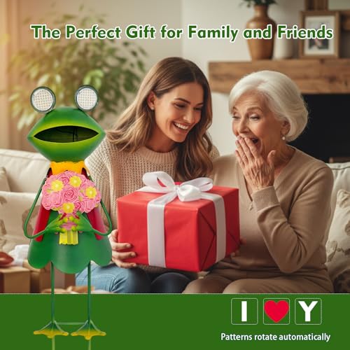 Solar Garden Statues 21" Loving Metal Frog Garden Decor Figurine Lights with LED Eyes for Patio (Solar Eyes Pink Flower Frog / 21 IN-1 PC)