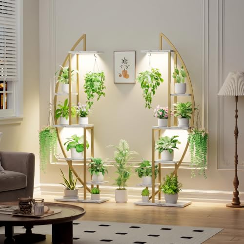 Plant Stand Indoor with Grow Lights (Faux Marble White + Gold)
