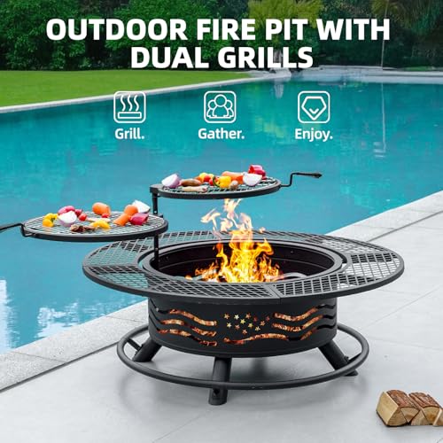 47 Inch Fire Pit with 2 Cooking Grates and Table Lid (Black / 47IN)