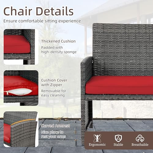 4 Piece Patio Ratten Set Outdoor Furniture Set Wicker Conversation Set with Cushions and Tempered Glass Tabletop (Red)