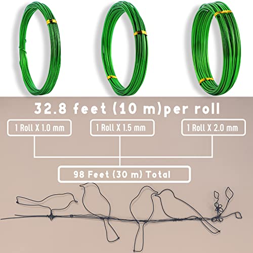 Bonsai Wire Tool Kit with Cutter (1.0mm 1.5mm 2.0mm / 3 Rolls Green 98 Ft, WITH Cutter)
