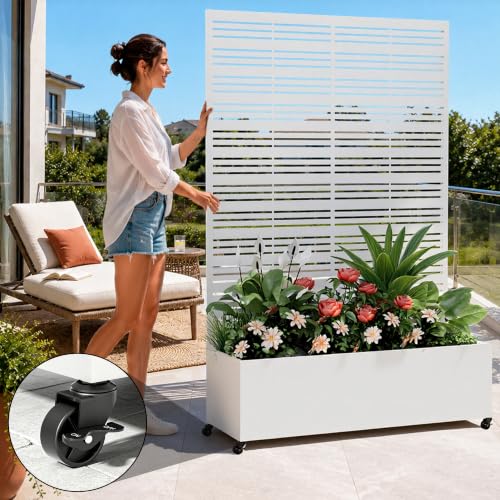 Metal Planter Box with Trellis Privacy Screen (White Line / 73"x 47"x 16")