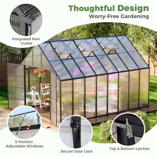 16x10x10 FT Polycarbonate Greenhouse with 3 Roof Vents (16x10x10 FT)