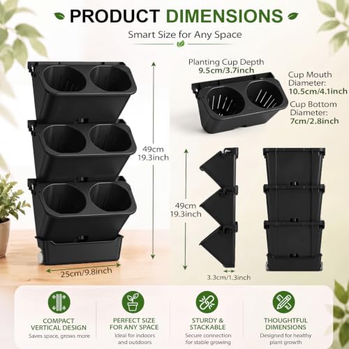 3 Set 6 Pocket Vertical Stackable Wall Planters Kit Outdoor Self Watering Plastic Planter Grow Hang Mount System for Strawberry Flower Vegetable Home Fence Balcony Wall Decor (Black)