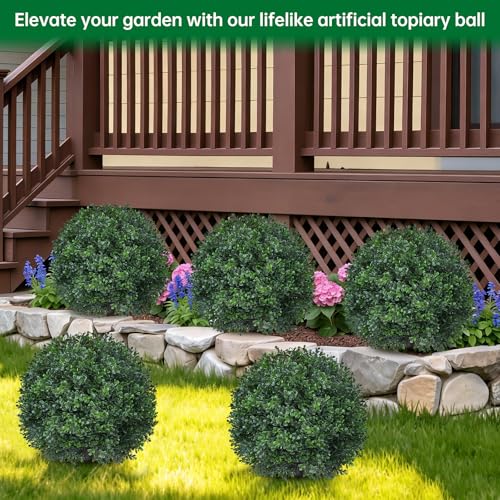 Artificial 4 Pack Boxwood Topiary Plant with Ground Spike for Outdoor (Boxwood Ball 4pcs)