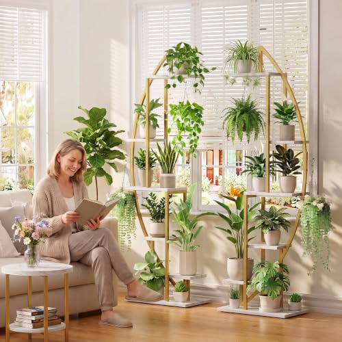 Plant Stand Indoor with Grow Lights (Faux Marble White + Gold)