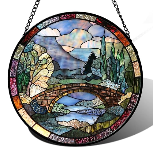 Stained Glass Window Hanging Arch Bridge Suncatcher Gifts for Women 12" (Blue Brown / 11.8x11.8 IN)