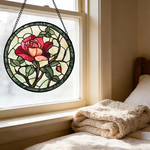 Stained Glass Window Hanging Red Rose Suncatcher Gifts for Women 15"