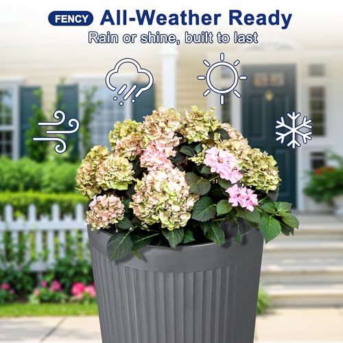 Self Watering Tall Planters Set of 2 (Gray-round Ribbed)