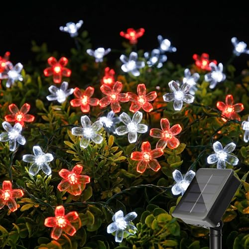 Solar Flower String Lights Outdoor Waterproof 50 LED Fairy Lights (Red&White / 1 Pack)