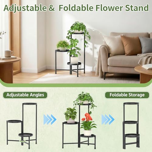 Plant Stand Indoor with 10 Inch Large Metal Tray (Solid Black / 3 Tier)