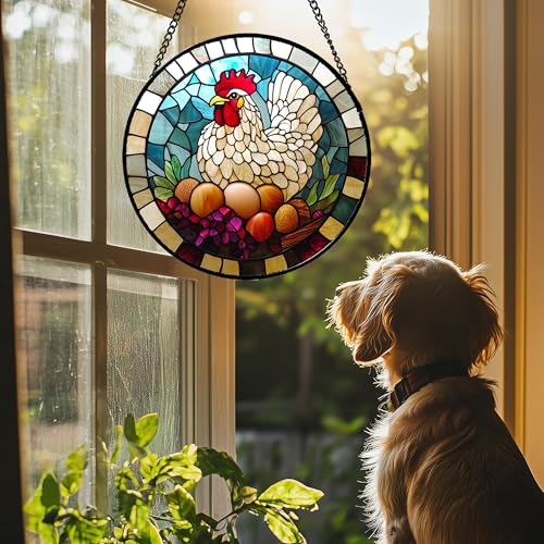 Farmhouse Hen Stained Glass Window Hanging Suncatcher Gifts for Women 6.3" (White / 6.3x6.3 IN)