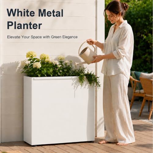 30" H Rectangular Metal Planter with Led Light for Indoor Outdoor White (White / 30"H×10"W×30"L)