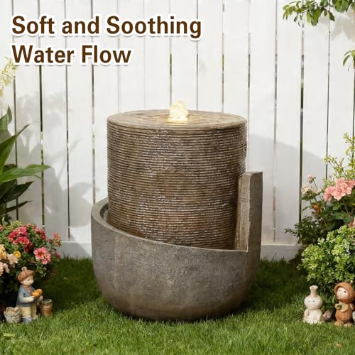 18H Modern Outdoor Water Fountain with Led Lights Tiered Cascading Waterfall Feature with Quiet Pump Floor Water Fountain for Patio Garden Backyard Decking Home and Indoor Décor Brown Brown (17.72-Brown / 17.72-brown)
