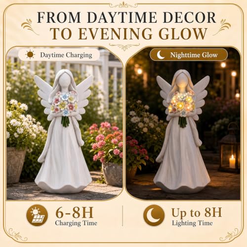 Solar Angel Garden Statue with Glowing Flowers (White)