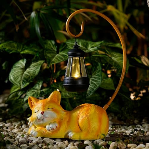 Outdoor Cat Figurine Garden Statue with Solar (Yellow)