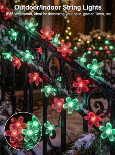 Solar Flower String Lights Outdoor Waterproof 50 LED Fairy Lights (Red & Green / 1 Pack)