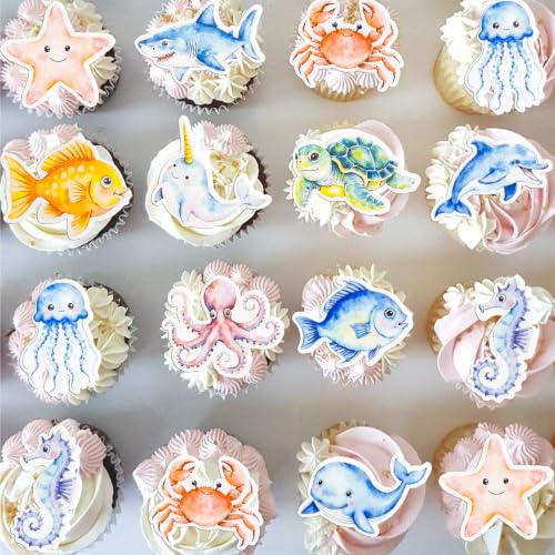 60Pcs Edible Ocean Animal Cupcake Topper Edible Starfish Octopus Crab Jellyfish Dolphin Starfish Seahorse Cupcake Picks for Under the Sea Baby Shower Boys Girls Birthday Party Decorations (Multi)