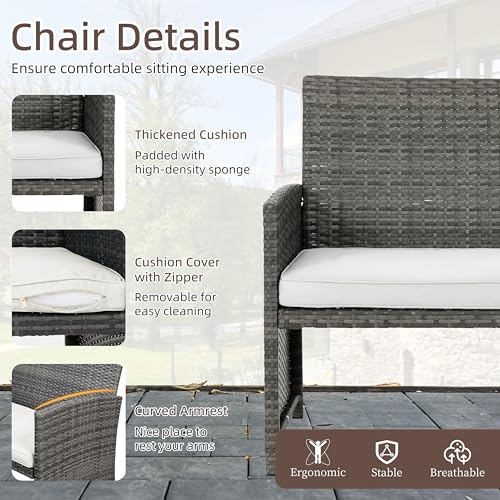 4 Piece Patio Ratten Set Outdoor Furniture Set Wicker Conversation Set with Cushions and Tempered Glass Tabletop (Beige)
