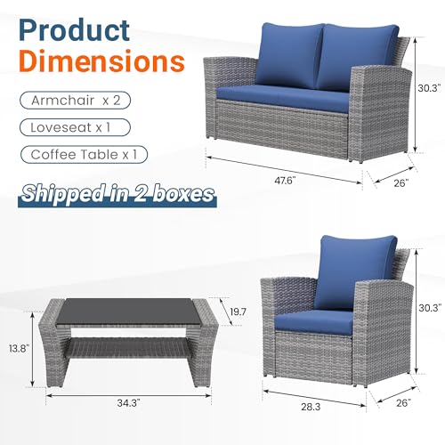 4 Piece Outdoor Wicker Patio Furniture Set for All Weather (Dark Blue / 4)