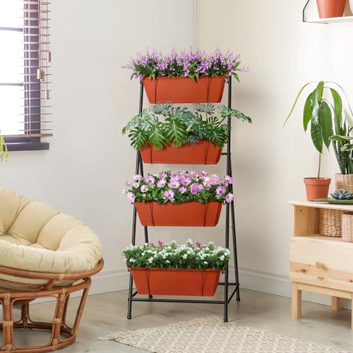 4 Tier Vertical Raised Garden Bed Planters for Outdoor Plants Herb Garden Planter with Drainage Holes Standing Garden Planters for Herbs Flowers Vegetables Plants (Brick Red)