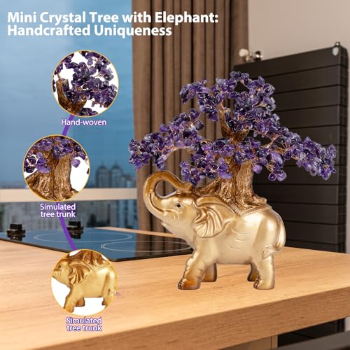 Amethyst Crystal Money Tree on Gold Mini Elephant Statue (Amethyst / 10 inches Tall)