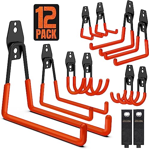 Garage Hooks 12 Pack Wall Storage Hanger with 2 Extension Cord Straps
